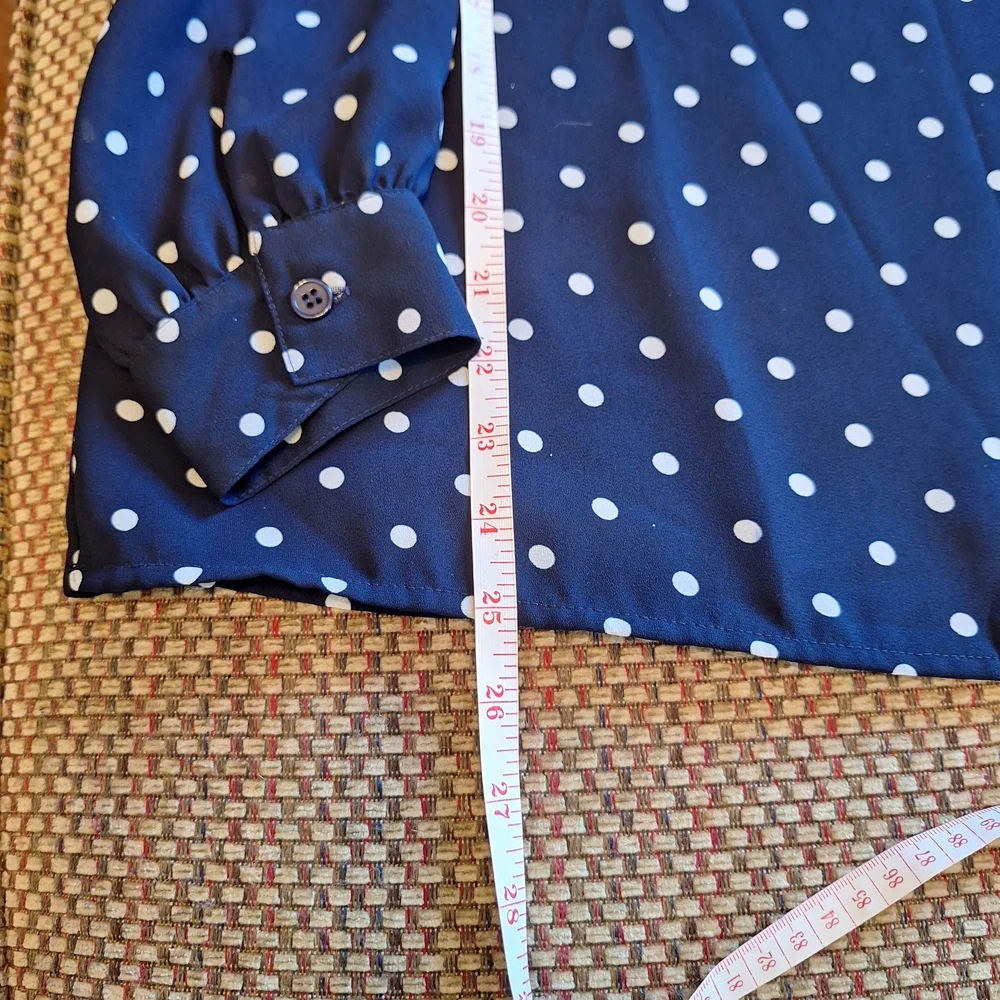 Chaus Vintage Sheer Navy and White Polka Dot Blouse And Adjustable Waist Skirt